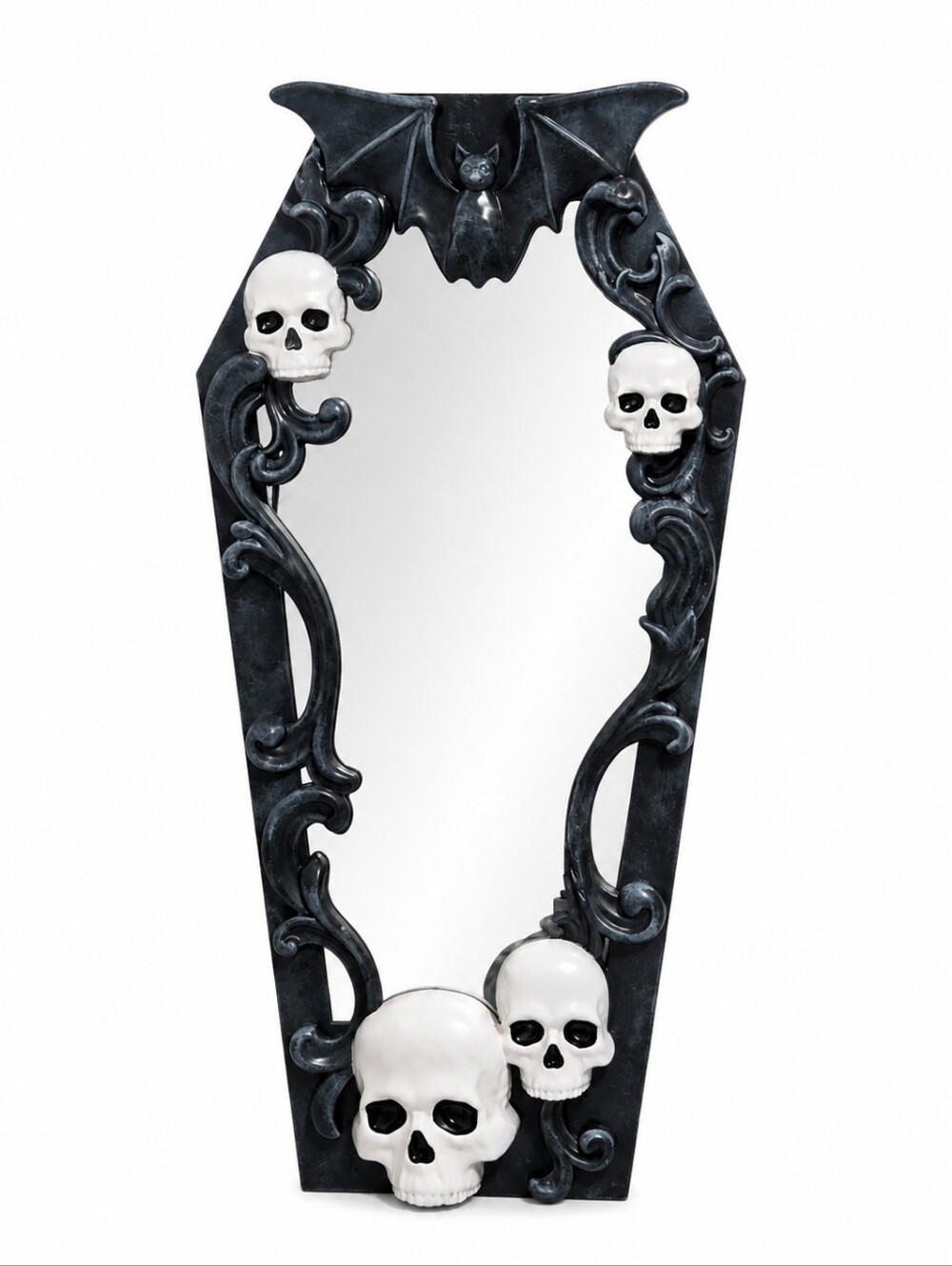 36" Halloween Gothic Skull Coffin Mirror w Bat LED Wall Decor Spooky Decoration
